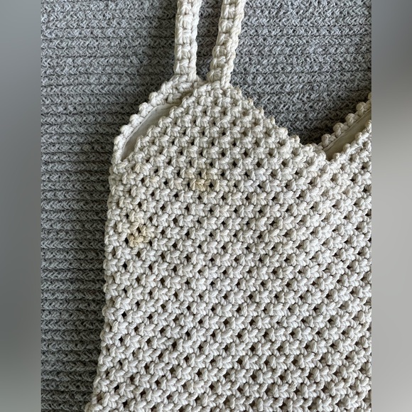 Vintage Ivory Crochet Wood Bead Detail Woven Cotton Lined Satchel Purse Handmade - Picture 7 of 11